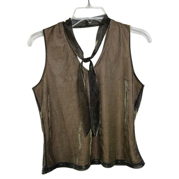 Vintage Tops - Vintage 80s Tie Neck Sleeveless Top Size Small Gold Metallic